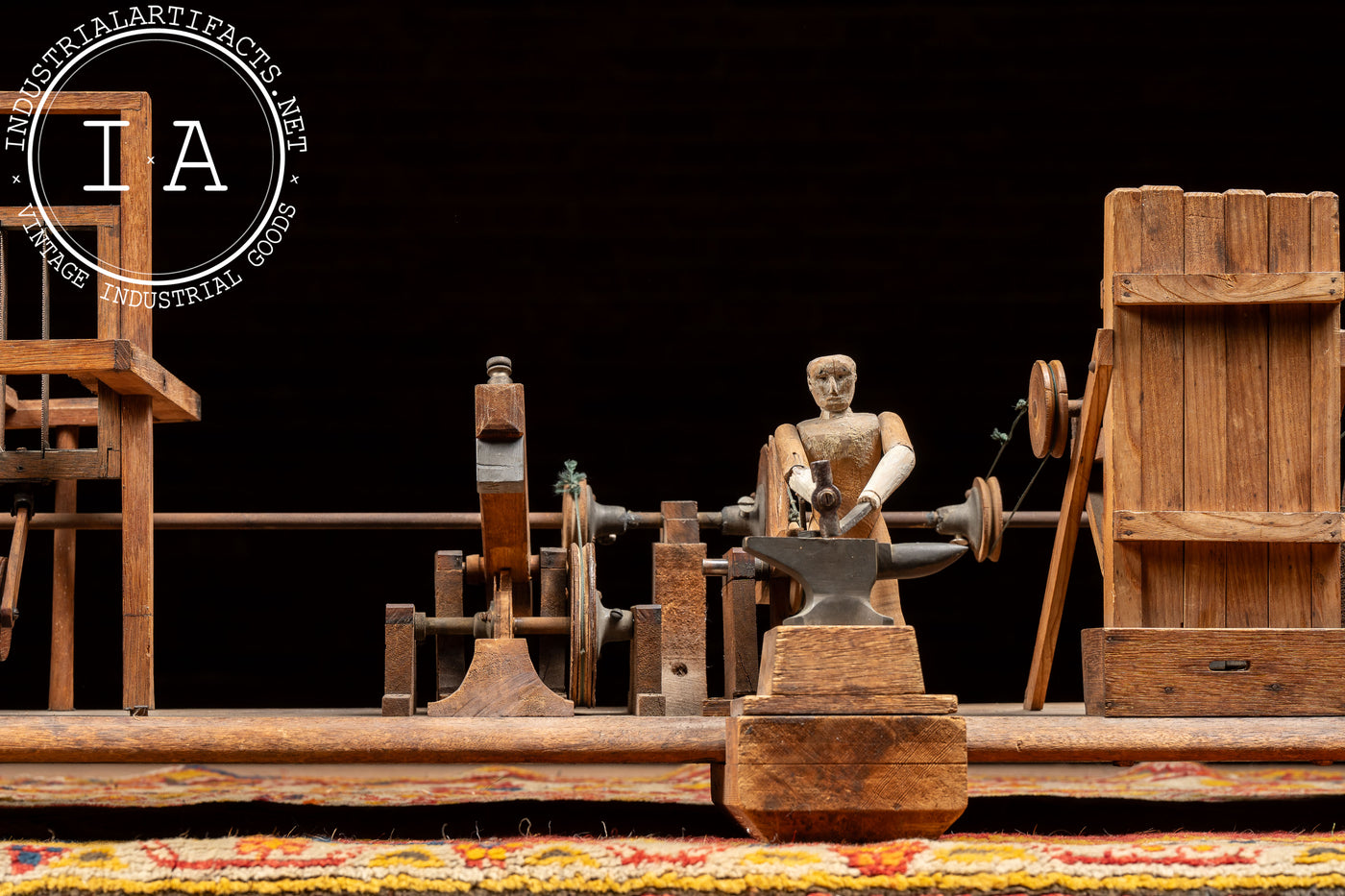 Antique Hand-Crank Mechanical Wooden Folk Art Blacksmith Model