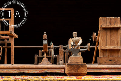 Antique Hand-Crank Mechanical Wooden Folk Art Blacksmith Model