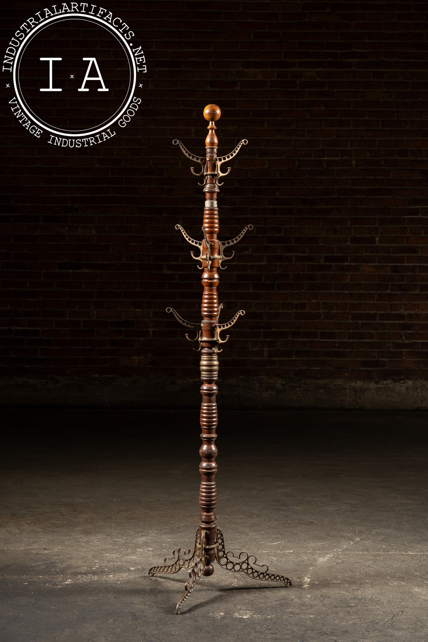 Late 19th Century Turned Oak and Cast Iron Coat Tree by Udell Works
