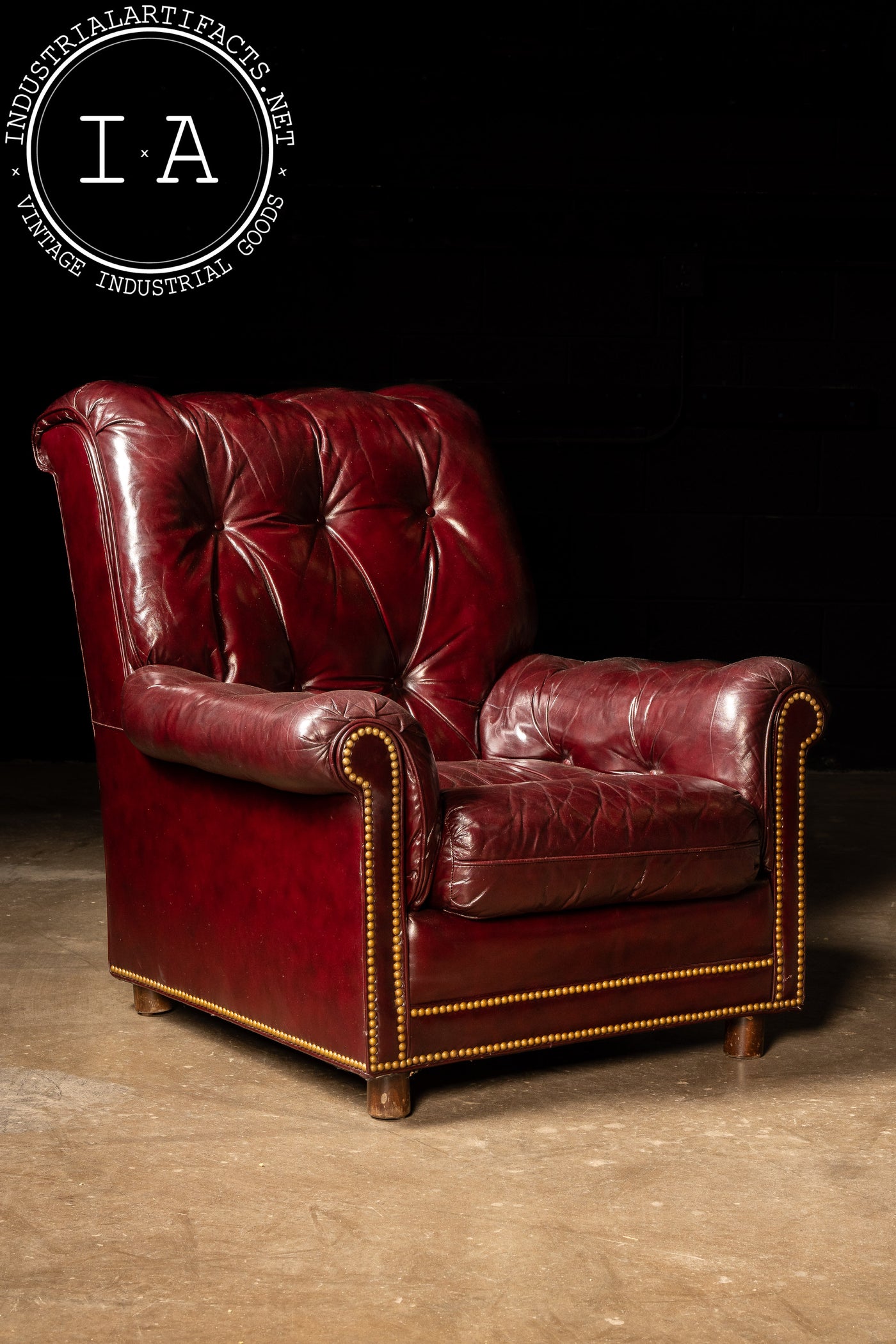 Vintage Tufted Armchair and Ottoman Set in Burgundy