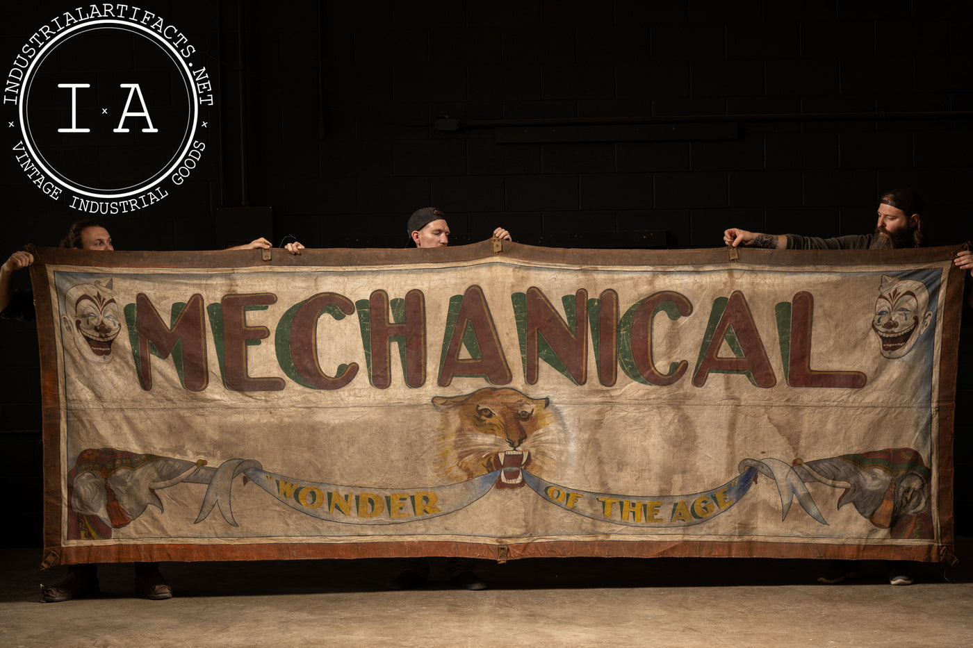 Antique Hand-Painted “Mechanical Wonder of the Age” Circus Banner