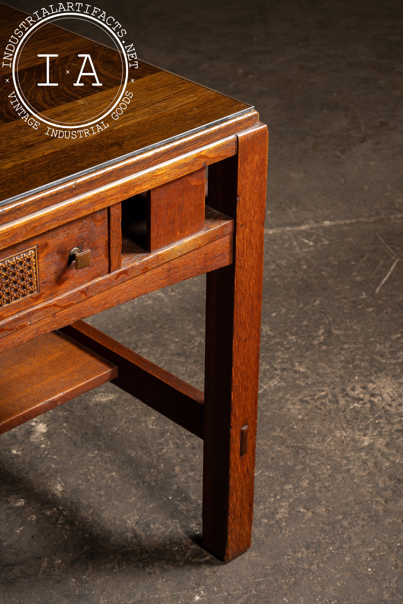 Early 20th Arts & Crafts Oak Library Table with Glass Top by Limbert