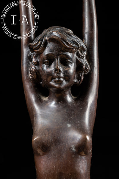 Art Deco Bronzed Spelter Nude Woman Standing Ashtray | Signed