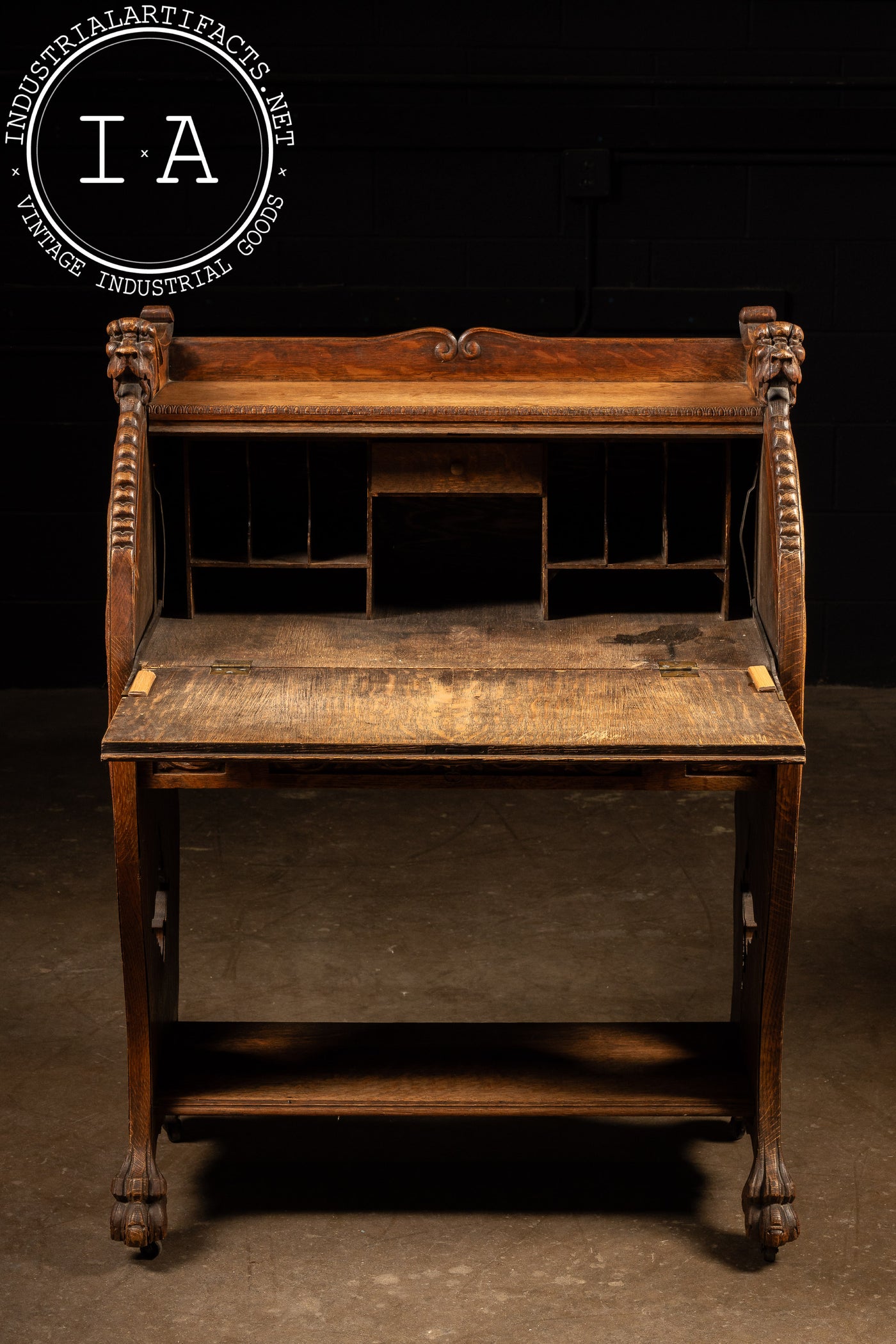 Late 19th Century Oak Green Man Slant-Lid Desk