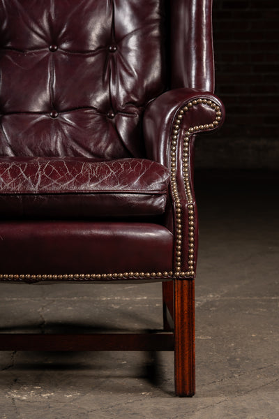 Tufted Leather Wingback Chesterfield Armchair with Ottoman in Oxblood