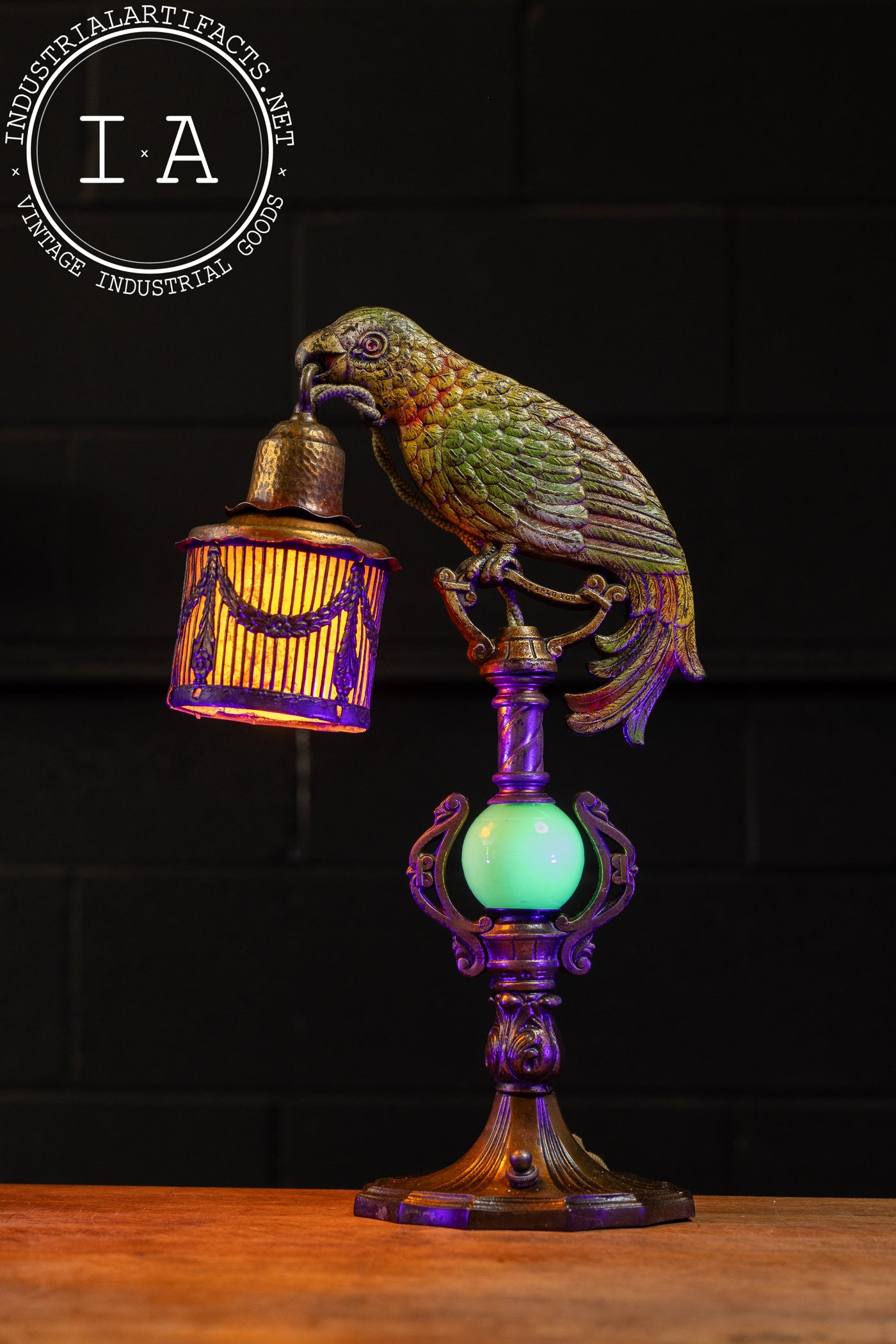 Pair of Antique Art Deco Cold-Painted Brass Parrot Lamps