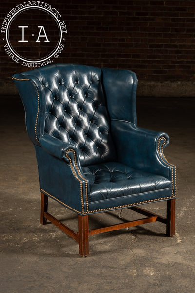 Vintage Tufted Leather Chesterfield Wingback Armchair in Blue