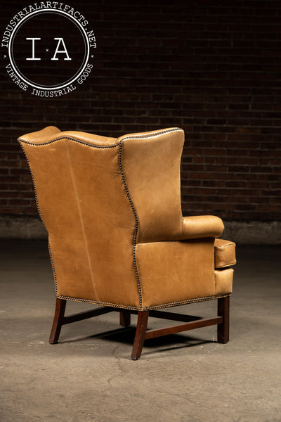 Vintage Leather Wingback Armchair With Ottoman in Tan