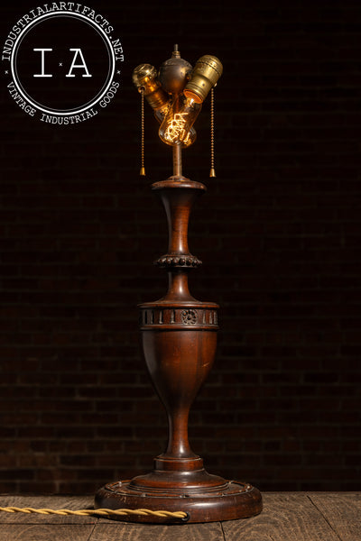 Antique Wooden Table Lamp with Brass Double Socket