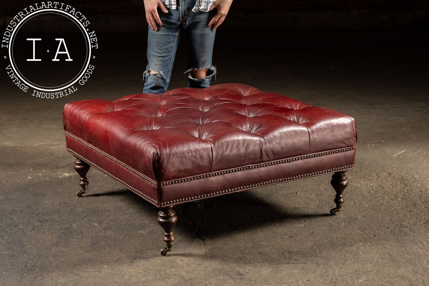 Large Tufted Leather Ottoman in Red
