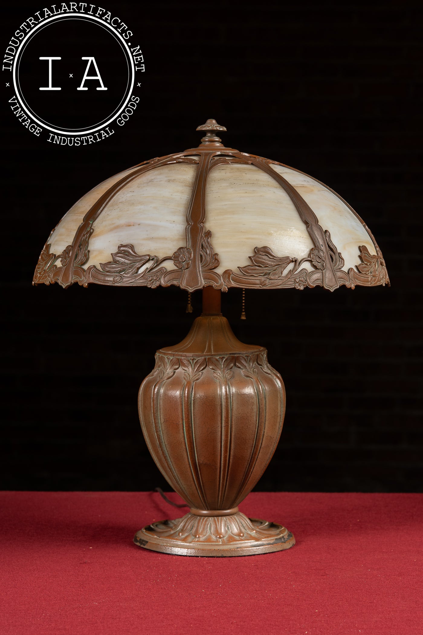 Antique Bronze and Slag Glass Table Lamp