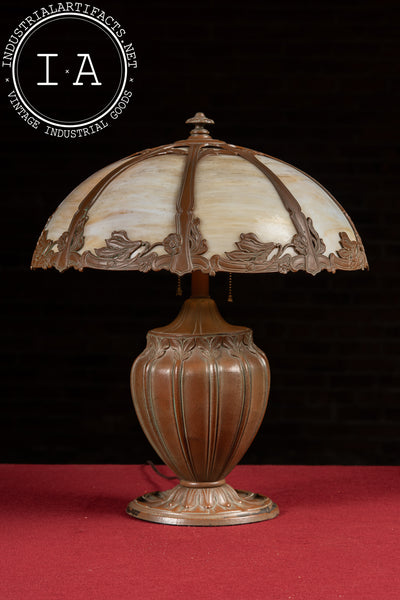Antique Bronze and Slag Glass Table Lamp