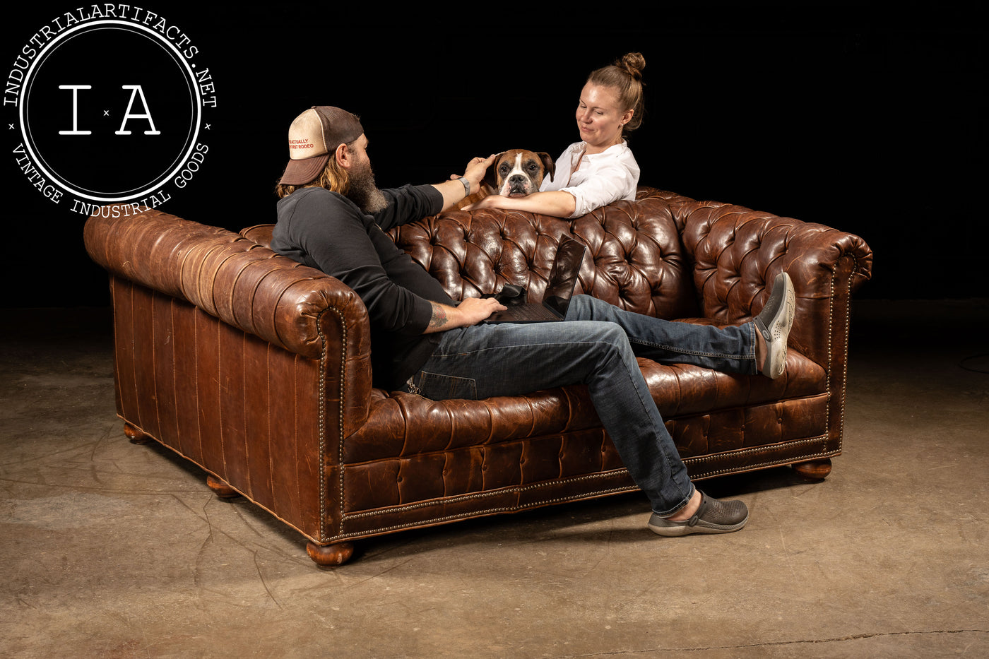 Vintage Double-Sided Leather Chesterfield Sofa in Caramel