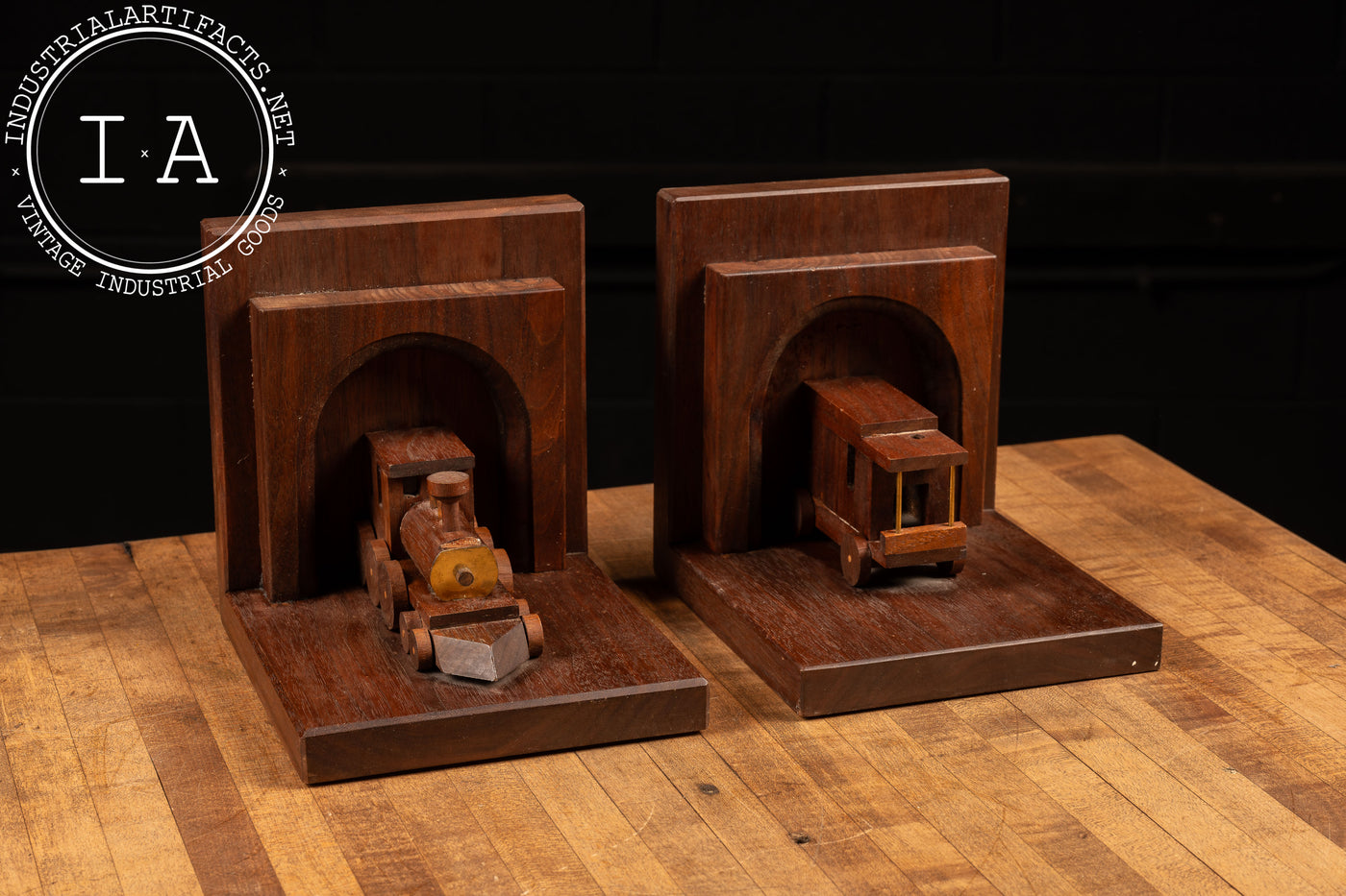 Antique Folk Art Train Bookends