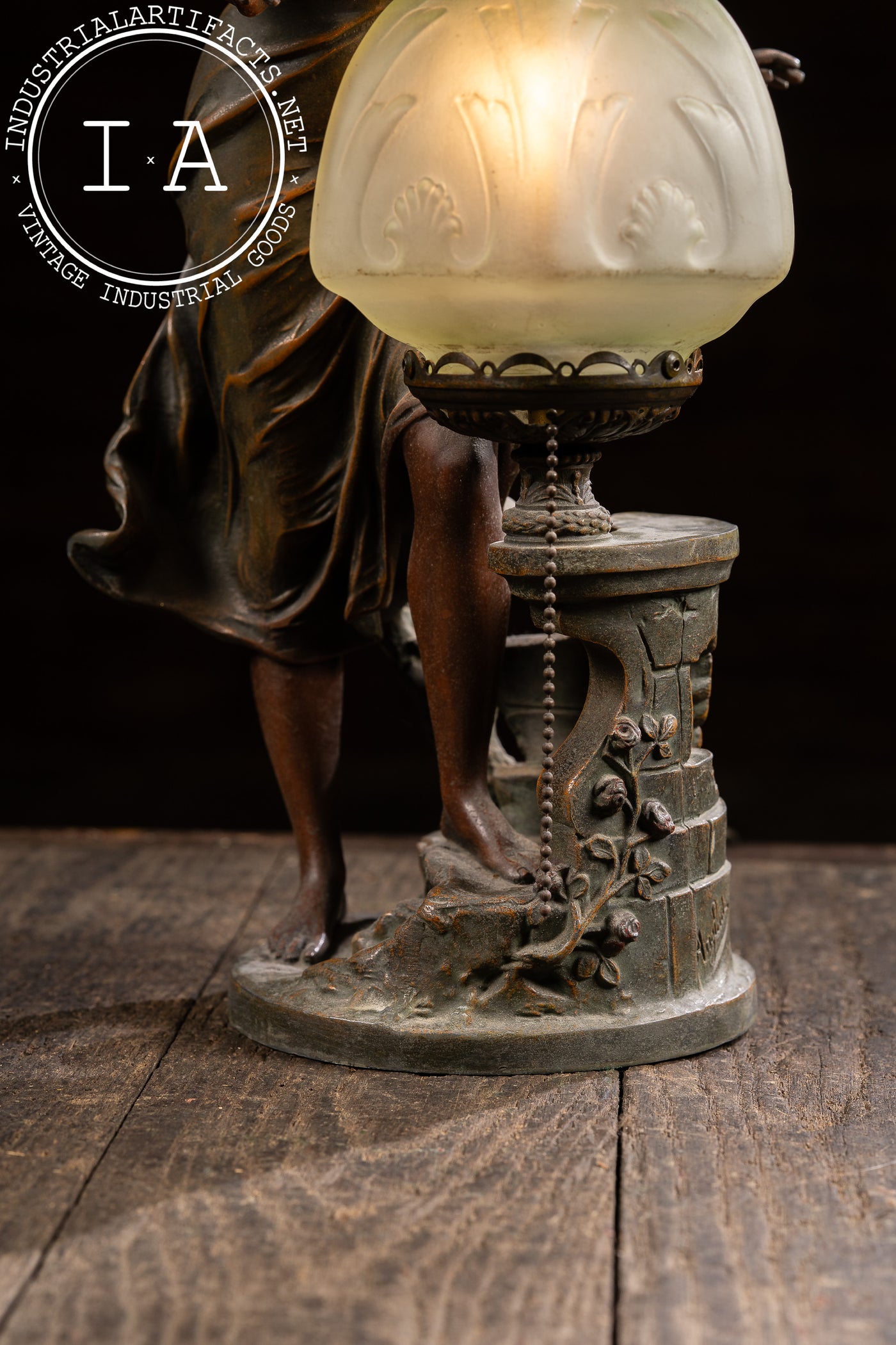 Art Nouveau Figural Lamp with Uranium Glass Shade by Anglade