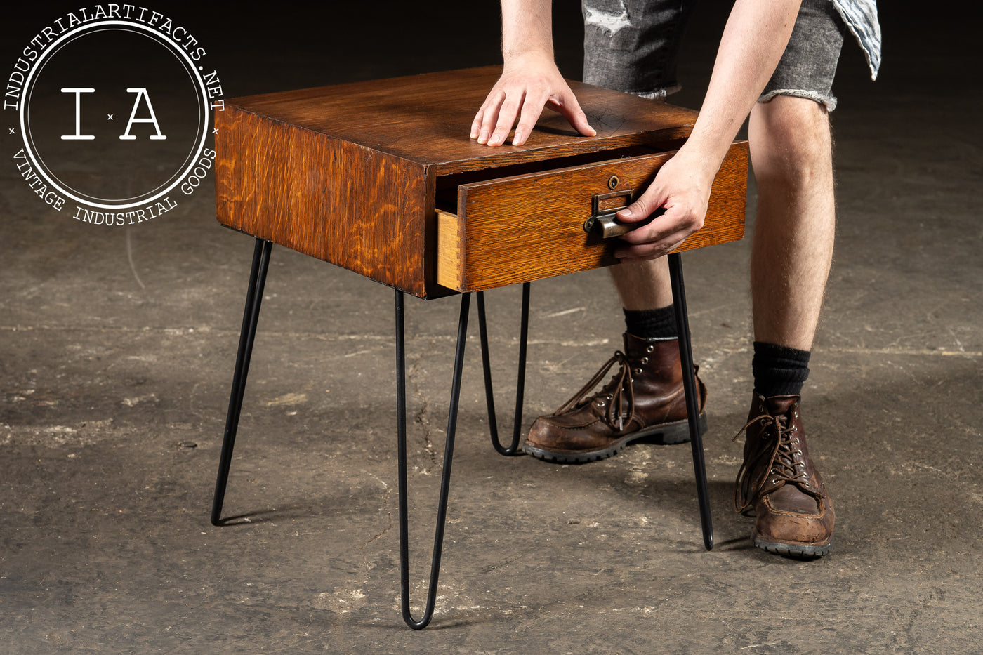 Antique Quartersawn Oak Side Table with Drawer by Y & E