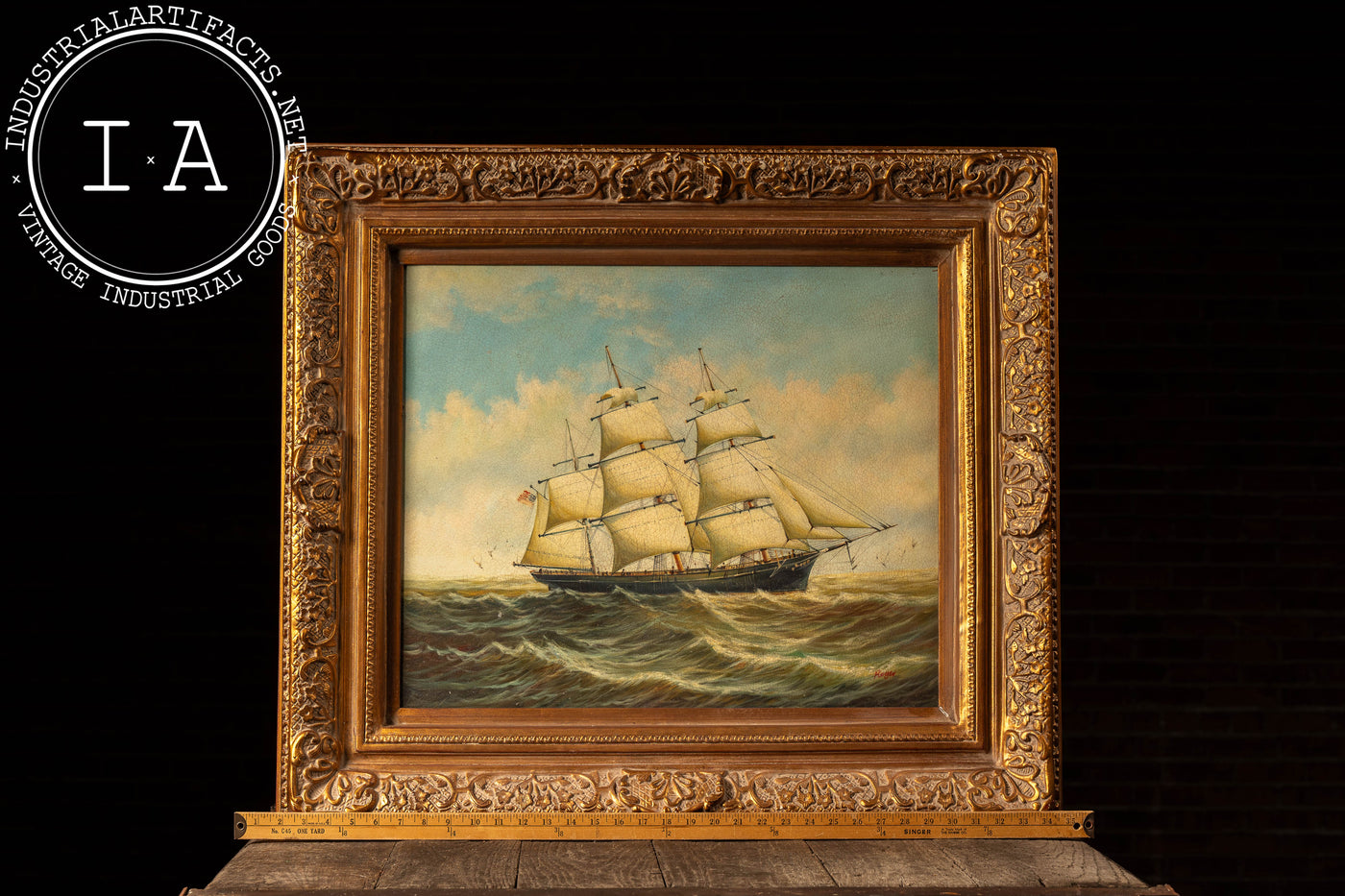 Ship At Sea | Large Format Framed Oil Painting, Signed