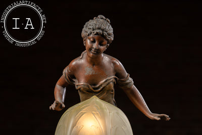 Art Nouveau Figural Lamp with Uranium Glass Shade by Anglade