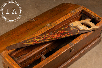 Antique Oak Tool Chest With Painted Saw