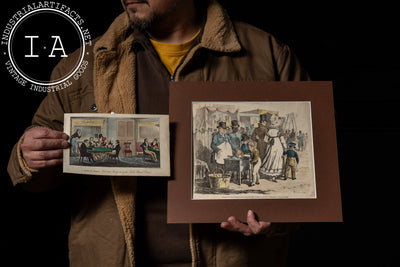 Two Colored 1800s Illustrations - A Game Of Whist, London Fair
