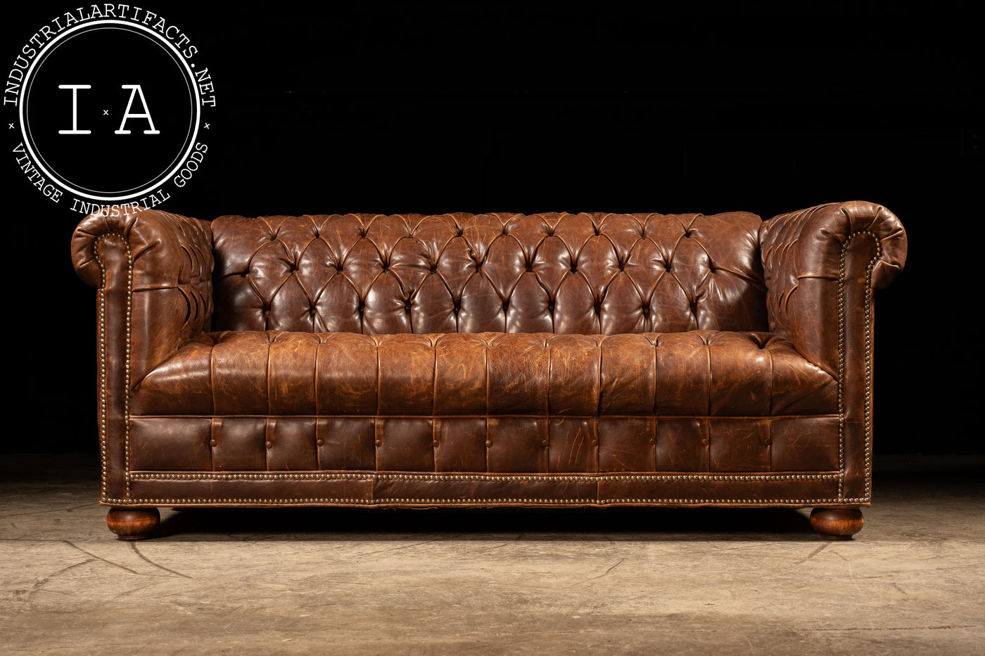 Vintage Double-Sided Leather Chesterfield Sofa in Caramel