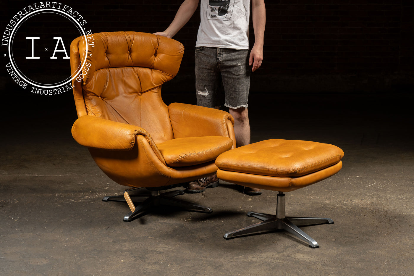 Modernist Scandinavian Armchair with Ottoman by Overman in Orange