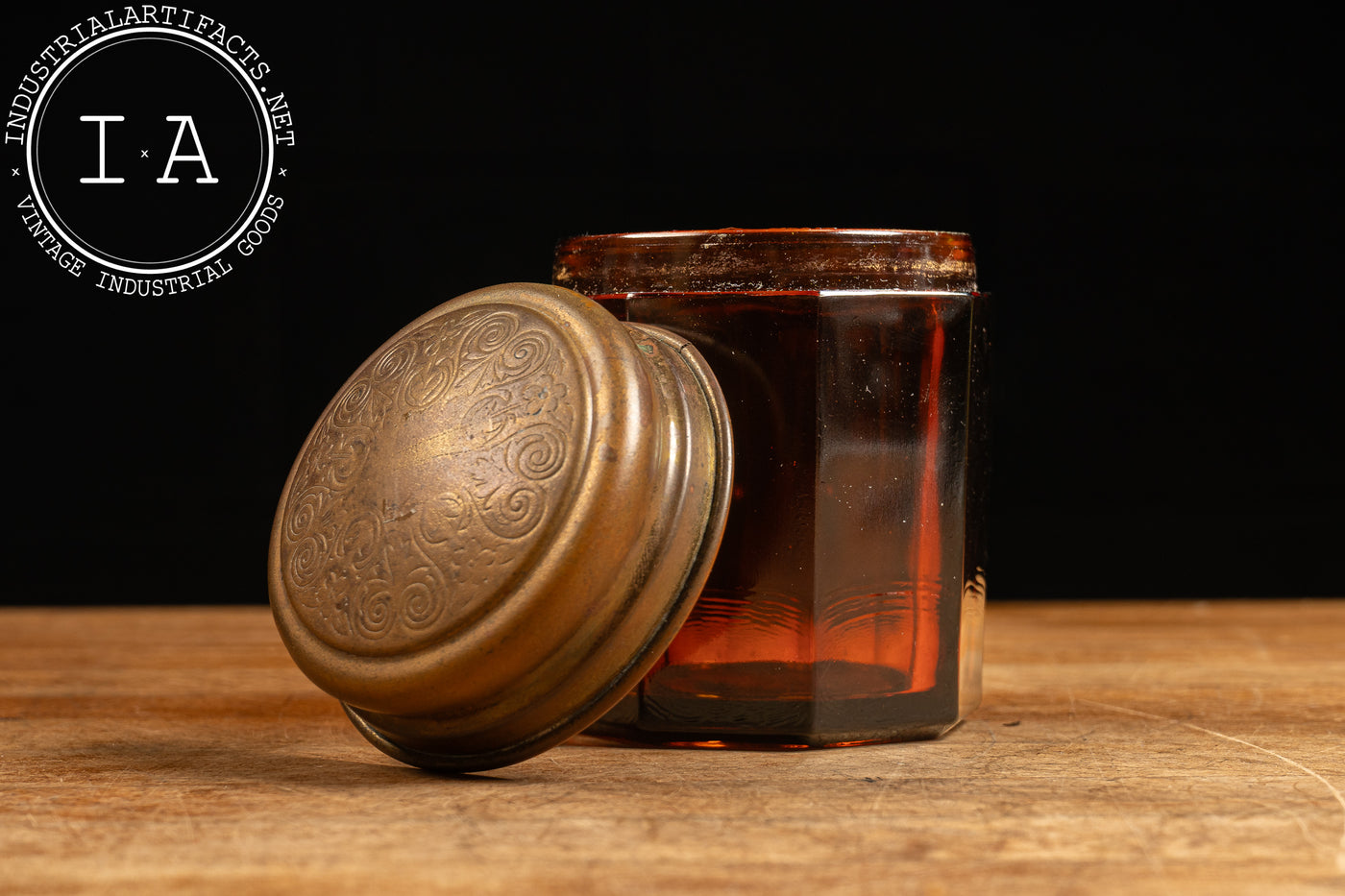 Antique Amber Glass Snuff Jar with Etched Brass Lid