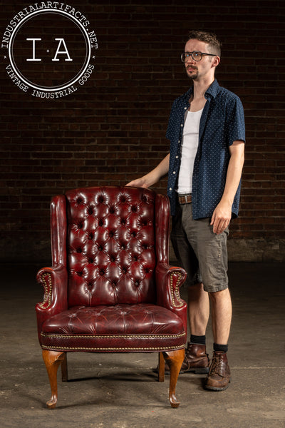 Vintage Tufted Leather Wingback Chesterfield Armchair in Oxblood