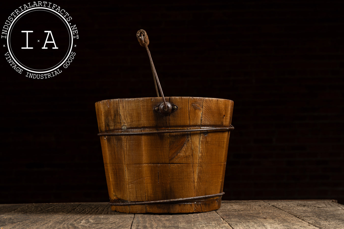 Antique Wooden Water Bucket with Wire Hoops