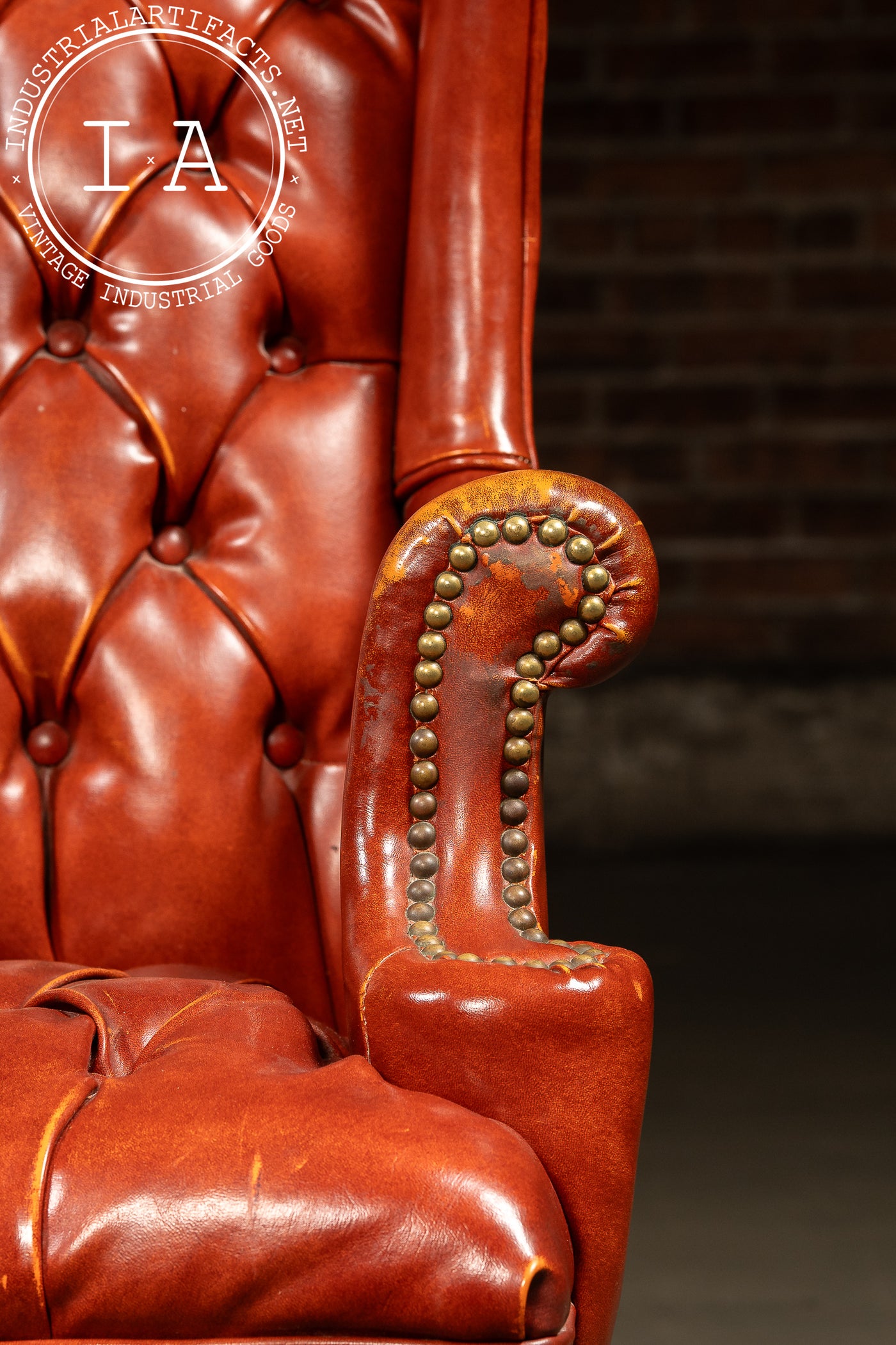 Vintage Wingback Tufted Armchair With Ottoman in Burnt Orange