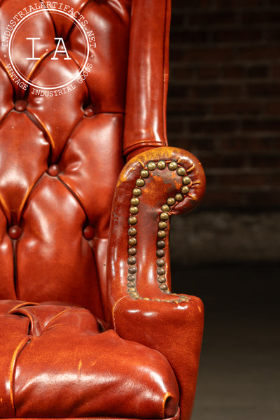 Vintage Wingback Tufted Armchair With Ottoman in Burnt Orange