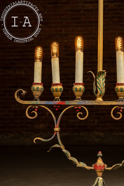 Mediterranean Revival Wrought Iron and Tole Chandelier 1