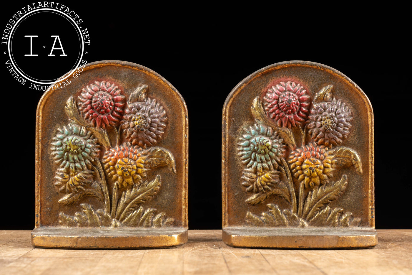 Antique Cast Brass Floral Motif Bookends