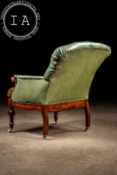 Antique Tufted Leather Lounge Armchair with Carved Dog Accents in Green