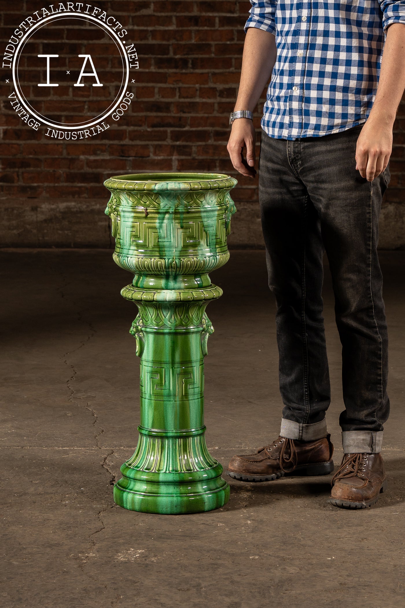 Early 20th Century Brush McCoy “Green Onyx” Majolica Pedestal & Planter Set