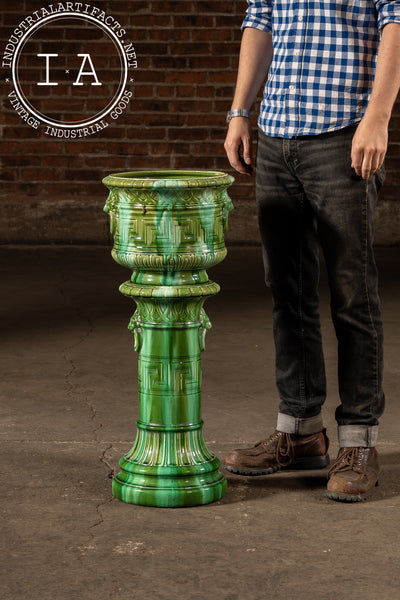 Early 20th Century Brush McCoy “Green Onyx” Majolica Pedestal & Planter Set