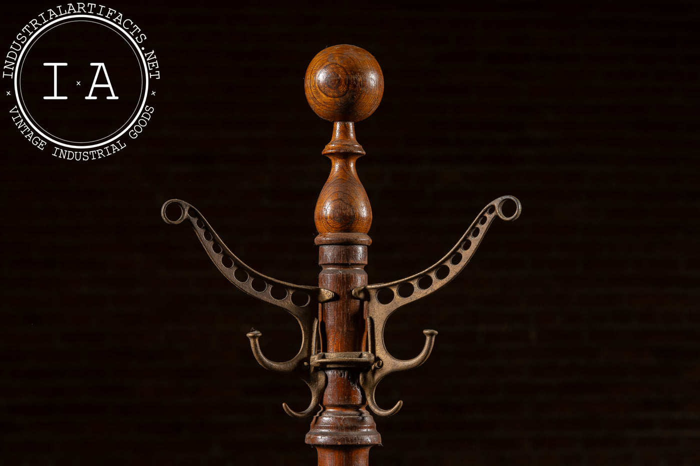 Late 19th Century Turned Oak and Cast Iron Coat Tree by Udell Works