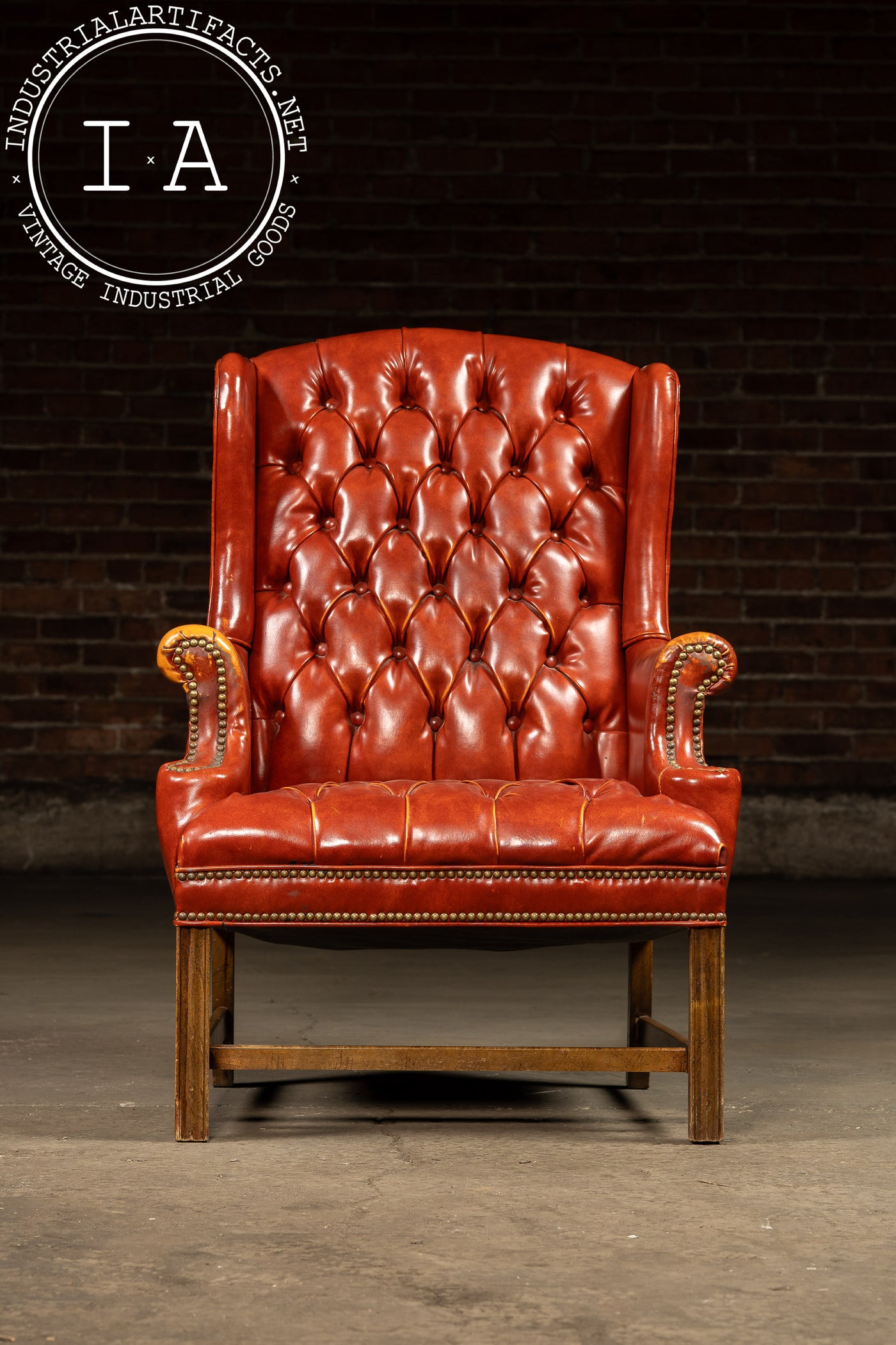 Vintage Wingback Tufted Armchair With Ottoman in Burnt Orange