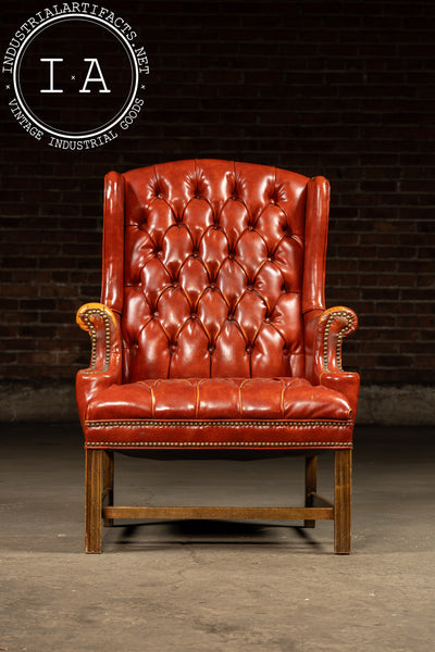 Vintage Wingback Tufted Armchair With Ottoman in Burnt Orange