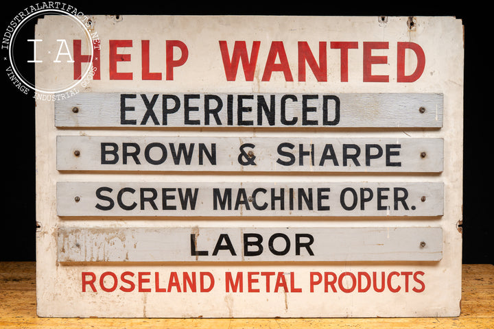 Vintage Hand-Painted Roseland Products (Chicago) Help Wanted Sign