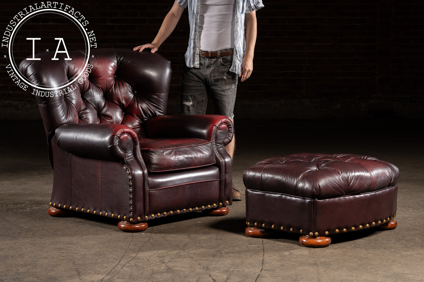 Tufted Churchill Style Recliner with Ottoman in Oxblood