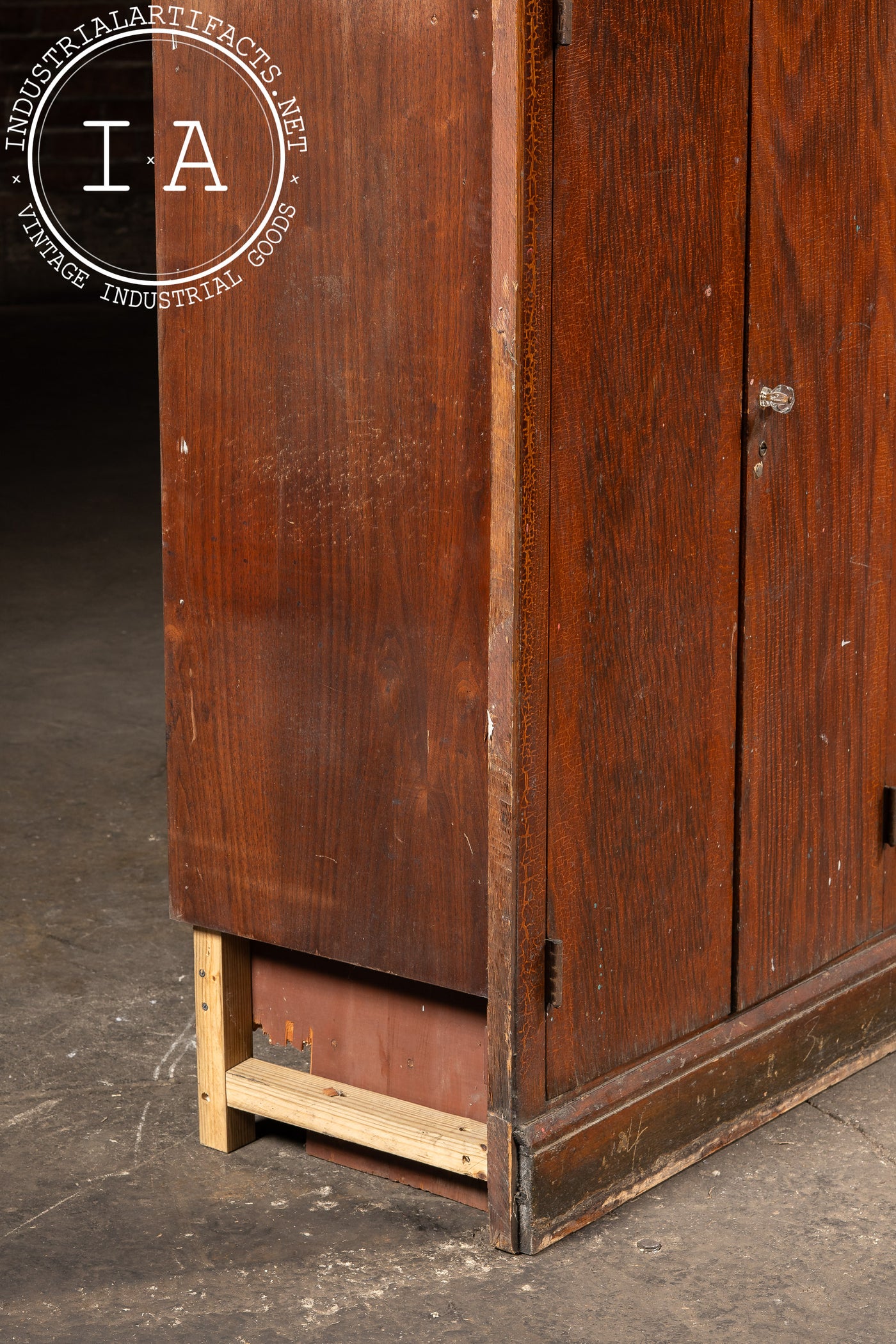 Antique Massive Oak Cabinet with Glass Doors and Interior Cubbies