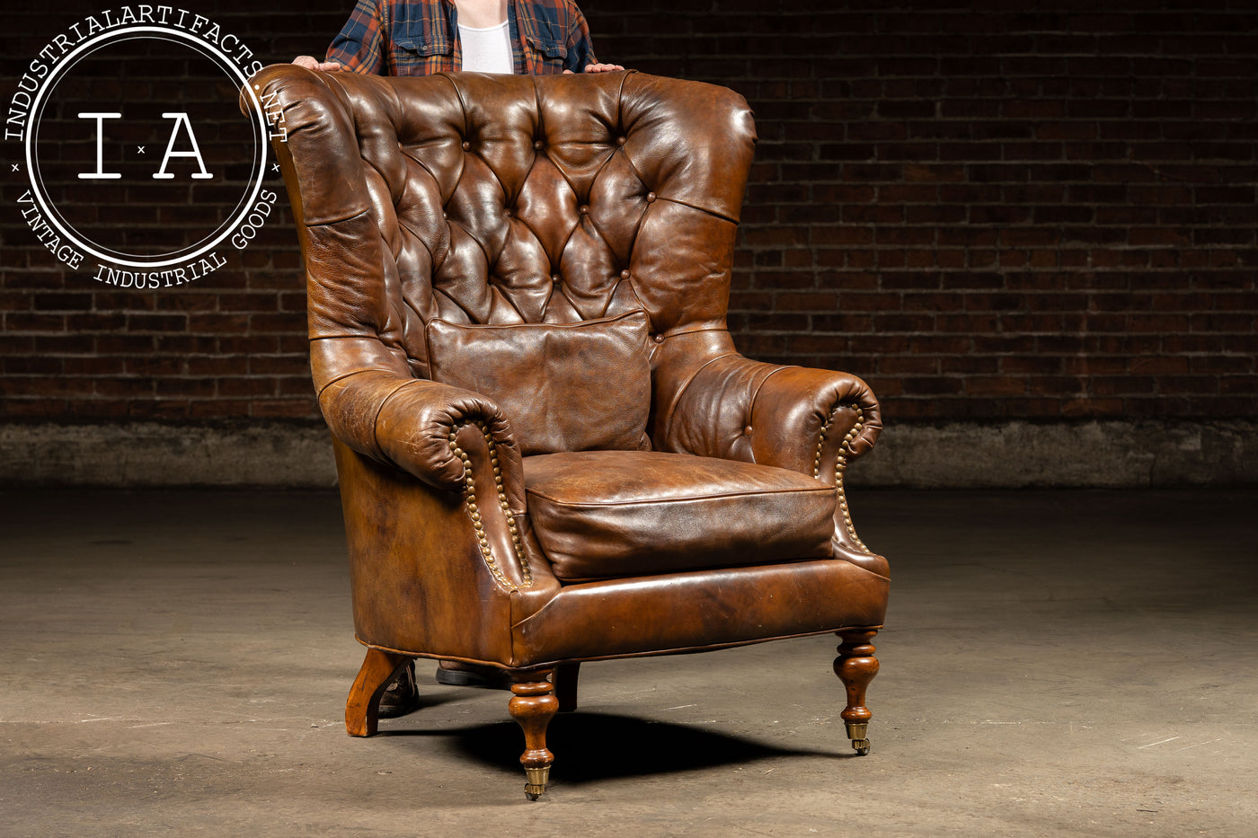 Vintage Tufted Leather Highback Armchair with Lumbar Pillow In Brown