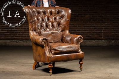 Vintage Tufted Leather Highback Armchair with Lumbar Pillow In Brown