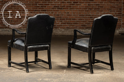 Pair Of Black Leather Revival Armchairs with Nailhead Trim