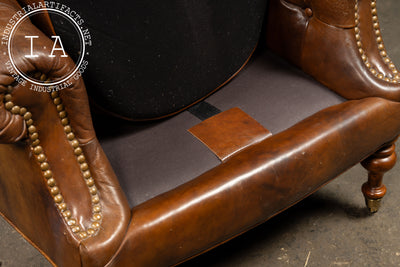 Vintage Tufted Leather Highback Armchair with Lumbar Pillow In Brown