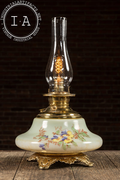 Late 19th Century Hand-Painted "Juno" Glass Oil Lamp with Floral Motif