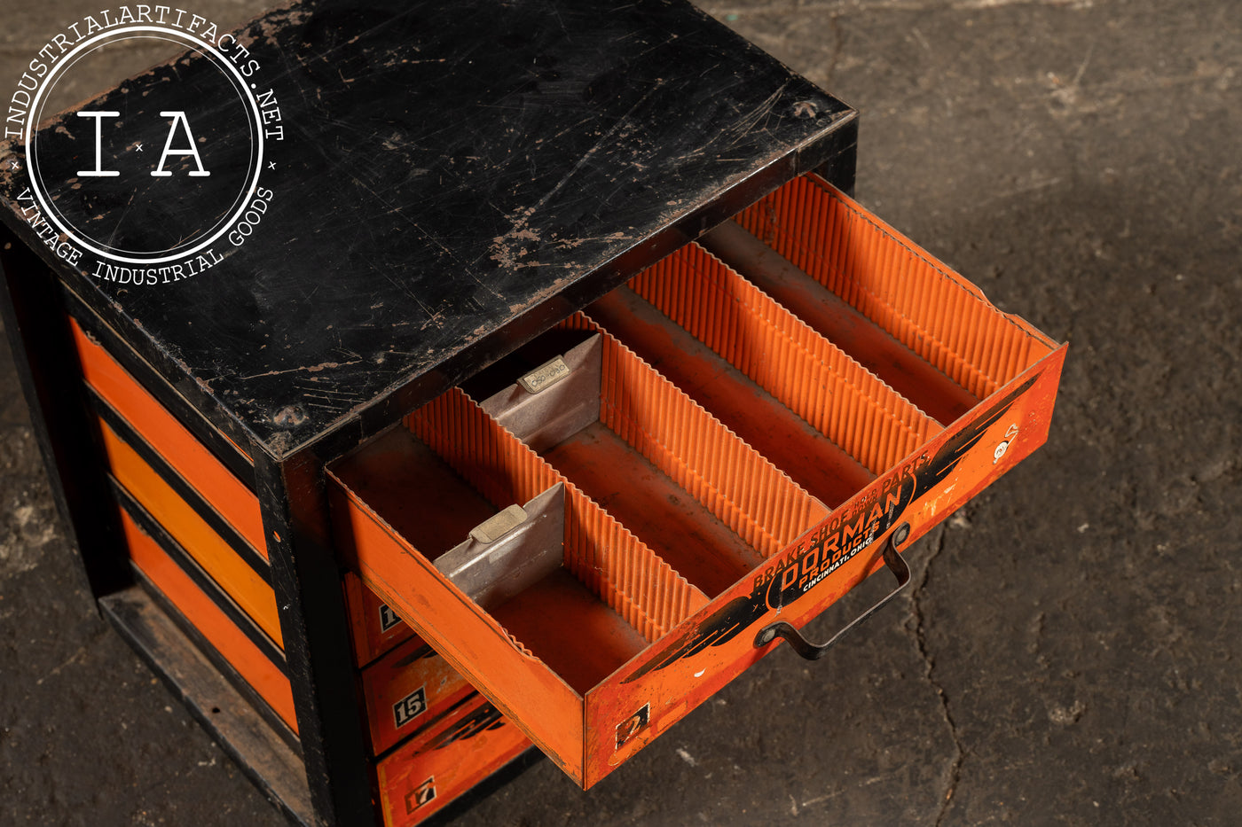 Vintage Steel Parts Cabinet with Original Winged Logos by Dorman