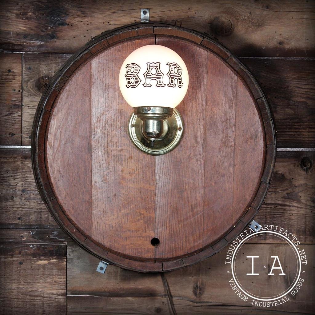 Vintage Barrel-Head “BAR” Wall Sconce with Milk Glass Globe