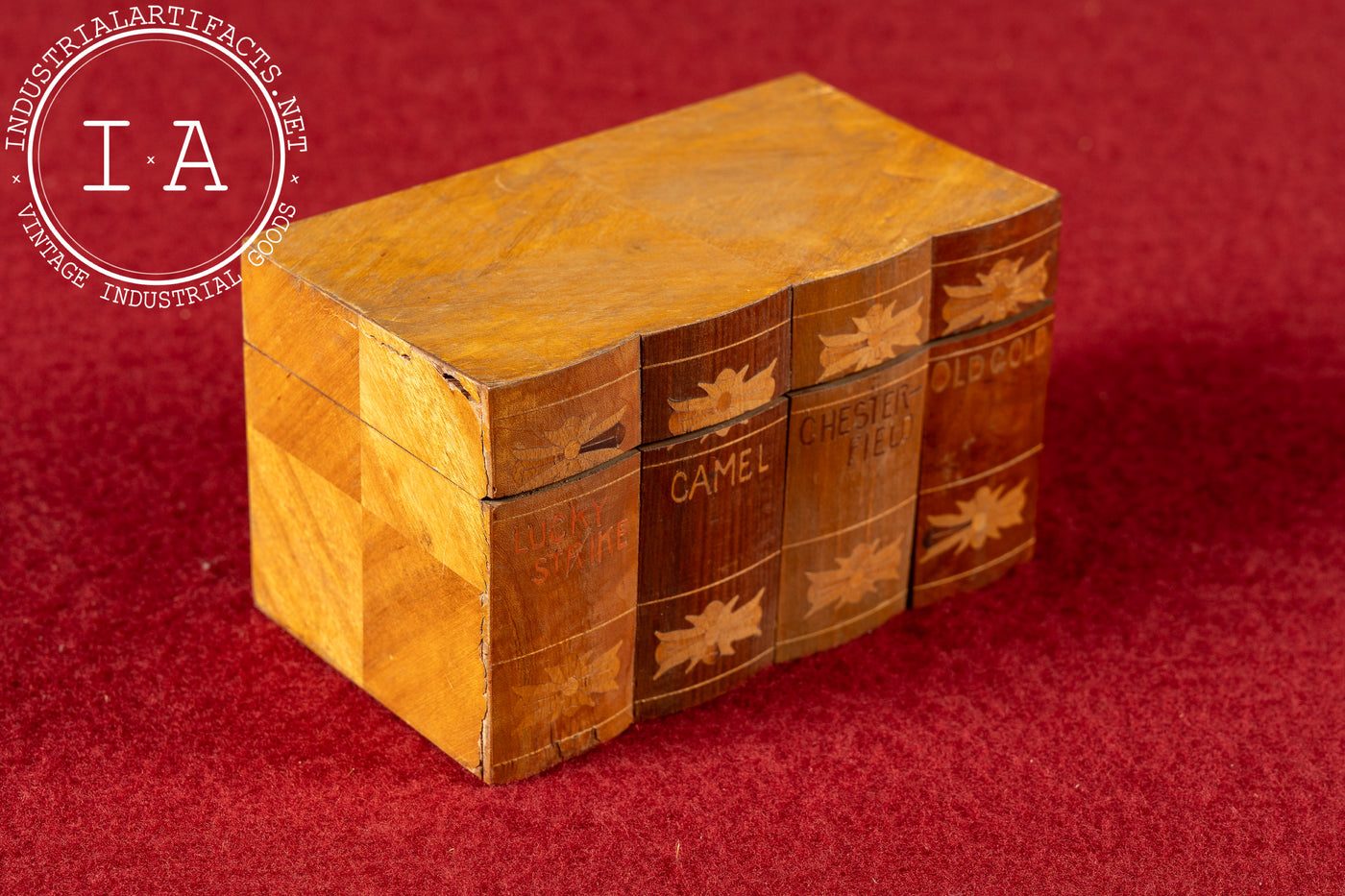 Vintage Hinged Wooden Cigarette Box with Contents